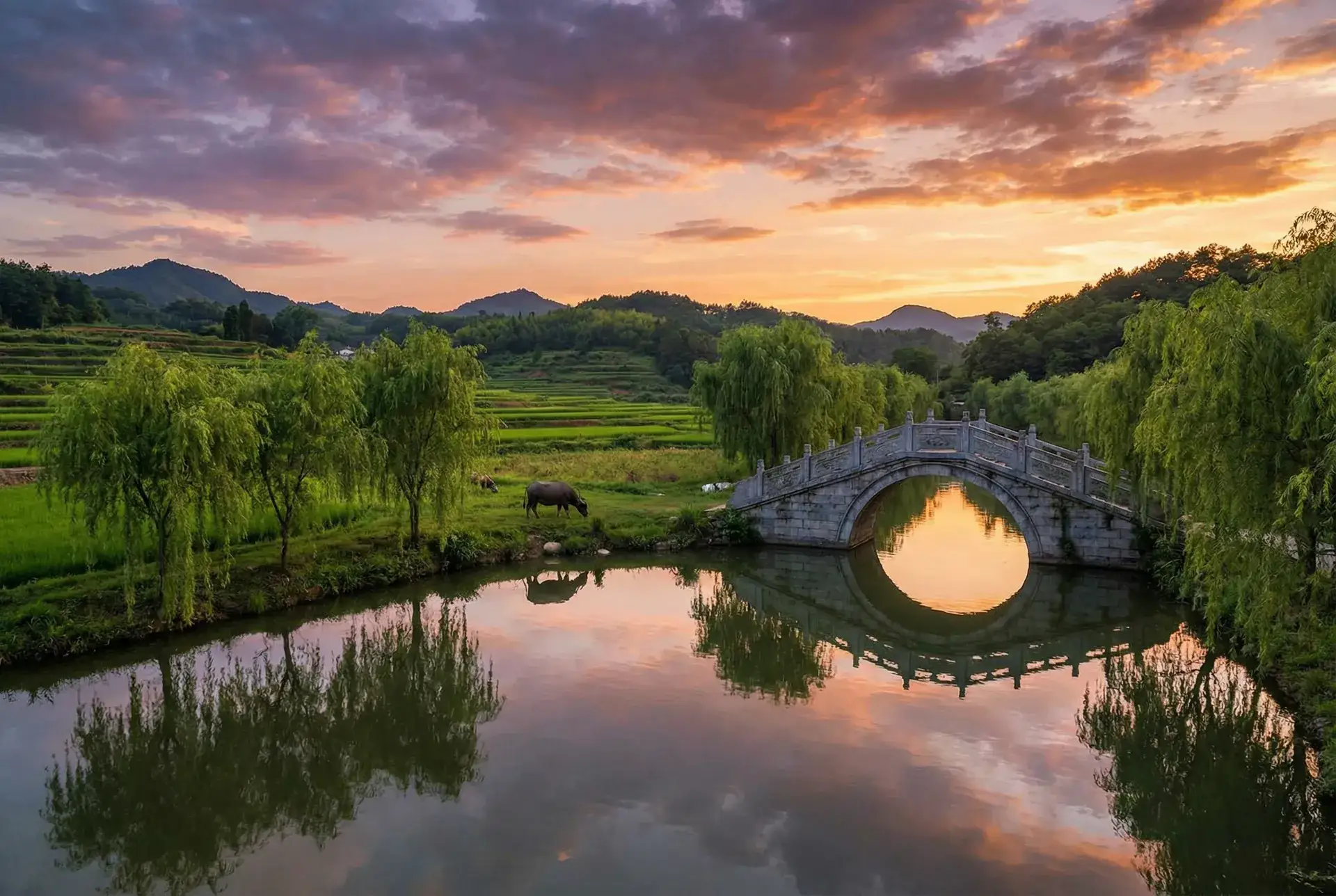 夕阳下的石拱桥与垂柳，水牛在河边吃草 - 美女扒开尿口让男人桶进 乡村美景